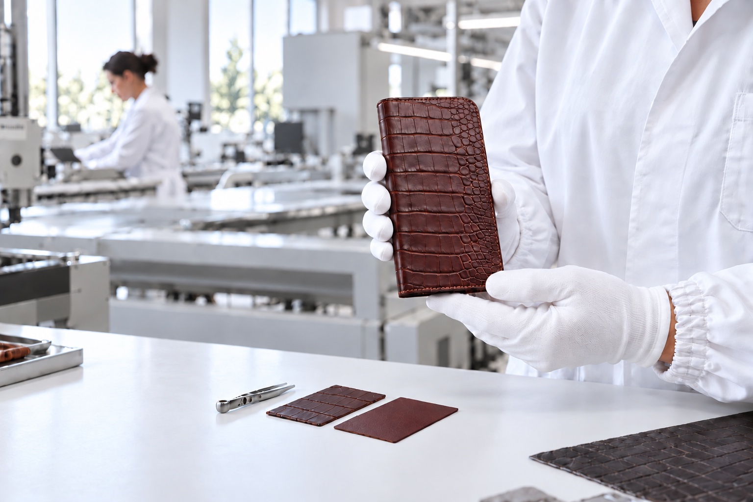 Cover bordeaux presentata con guanti bianchi in laboratorio